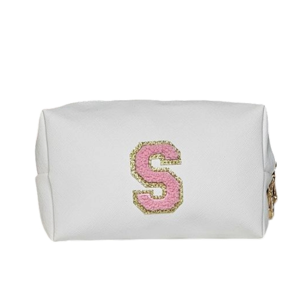 White Vegan Leather Cosmetic Pencil Case w Gold Zippers Pink Chenille Monogram S